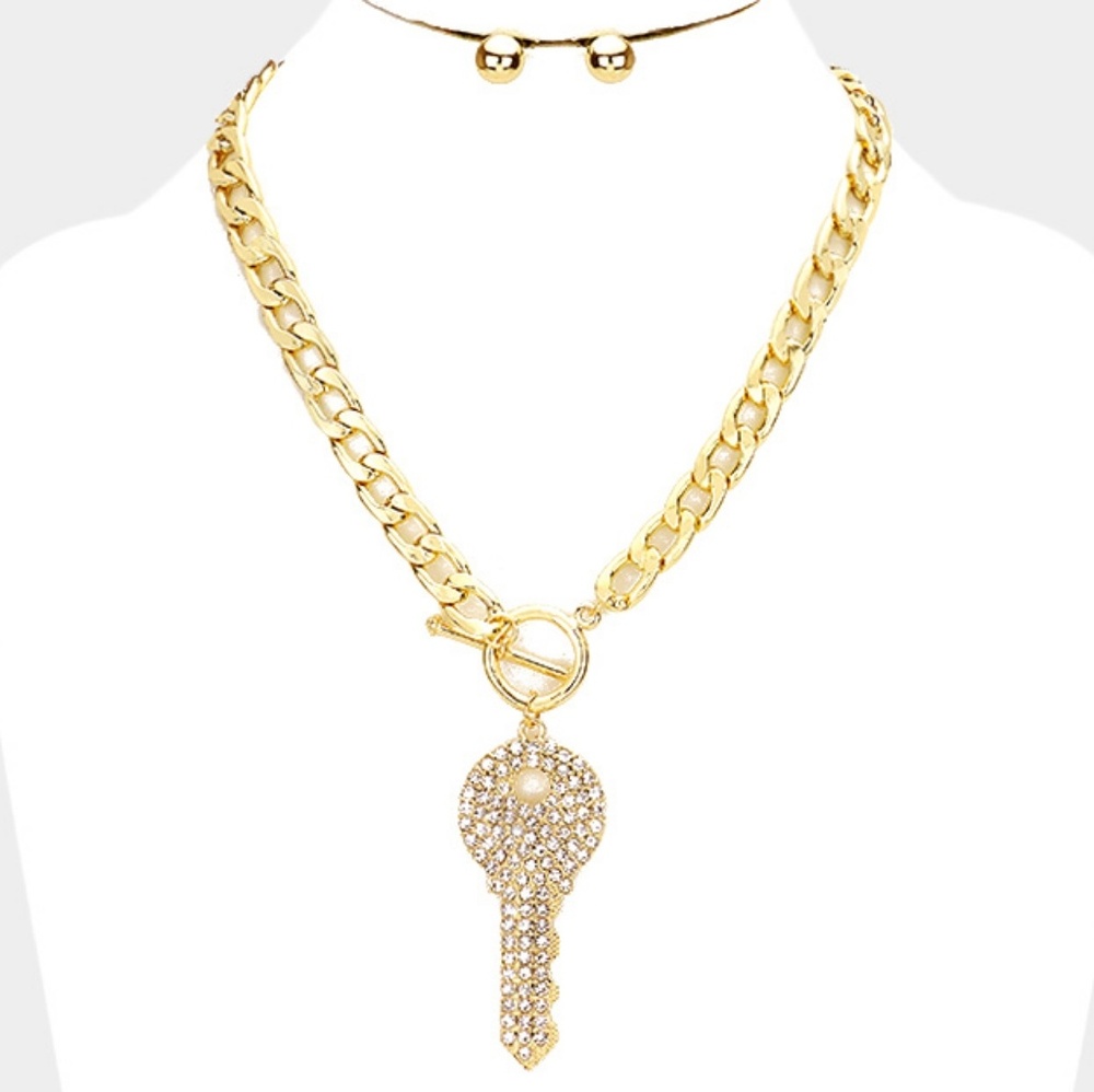 Gold Rhinestone Key Pendant Toggle Necklace Chain Crystal Link Statement Set - Picture 1 of 2
